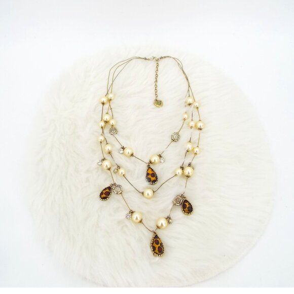 Betsey Johnson Triple Strand Necklace Faux Pearls Animal Print Rhinestone - Picture 4 of 9